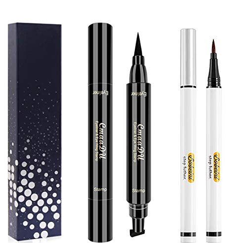 Double end Winged Eyeliner Stamp Pen Eyebrow Pencil with Eye Makeup Long Lasting Waterproof   Smudgeproof Natural Looking Brows 2PCS  Black Pink purple