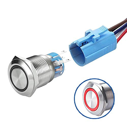 WerFamily Angel Eye Ring 12V Red LED 19mm Latching Push Button Switch 1NO 1NC SPDT ON OFF Waterproof Stainless Steel Metal Round with Wire Socket Plug