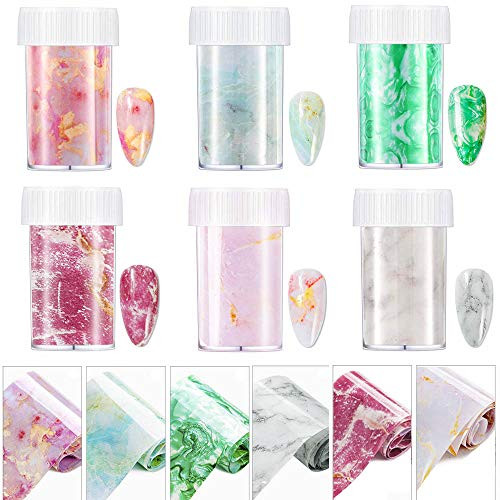 Marble Nail Foil Transfer Stickers 6 Rolls Marble Nail Art Foil Sticker Decals Adhesive Glitters Nail Wrap Transfer Decals for Women Girl DIY Nail Decoration Colorful
