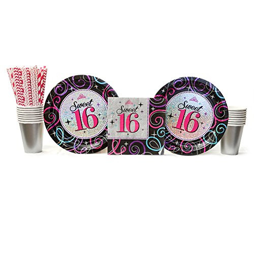 Cedar Crate Market Sweet Sixteen Party Supplies Pack for 16 Guests: Straws, Dinner Plates, Luncheon Napkins, and Cups