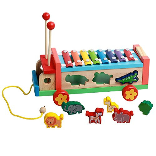 Wooden Push Pull Along Toy Animal Shape Match Sorter Multifunctional Wheel Bus with Guoqin octave Hand knock Xylophone