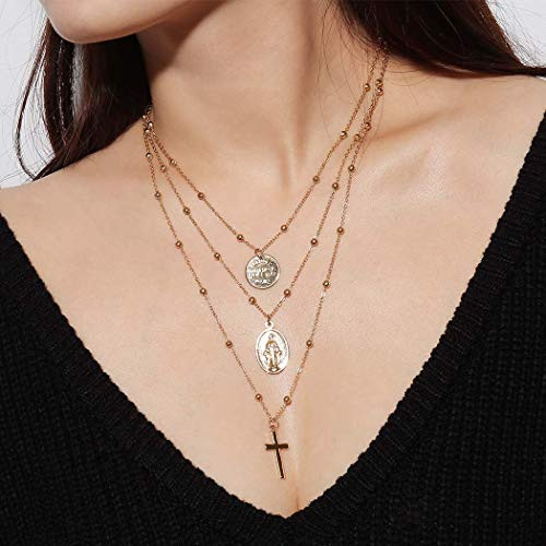 Tgirls Multilayer Steel Ball Necklaces Goddess Cross Pendant Chain Necklace Jewelry for Women and Girls   Gold