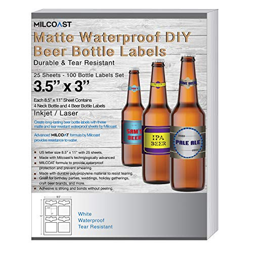 Milcoast Matte Waterproof Tear Resistant Blank White Adhesive DIY Beer Bottle Labels - for Laser/Inkjet Printers - 100 Label Sets (25 Sheets)