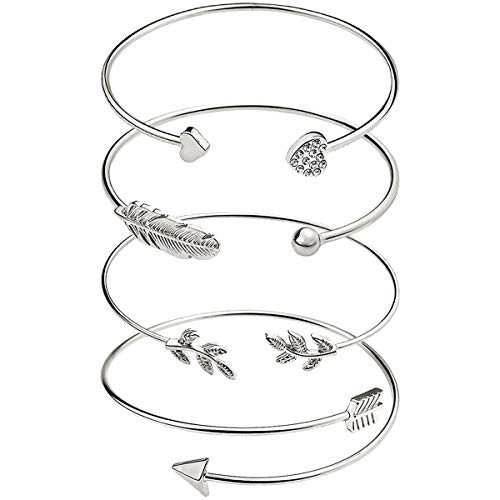 Suyi 4 Pcs Adjustable Cuff Bracelet Open Wire Bangle Stackable Wrap Bracelet Set for Women Girls Silver