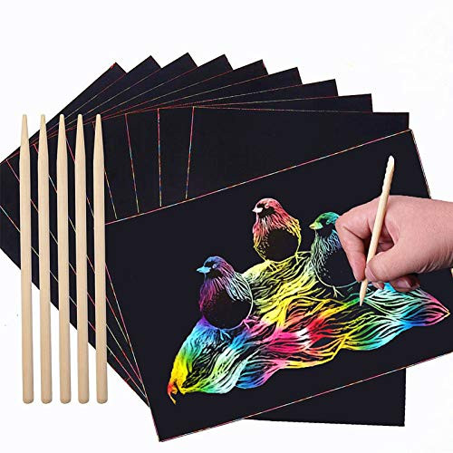 43pcs Scratch Art Paper Set   Rainbow Magic Scratch Art Note Papers Black   Scratch Off Arts Crafts for Kids with 5 Wooden Stylus