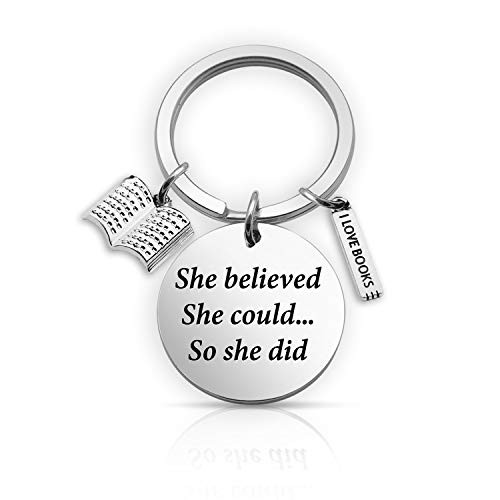 EIGSO Book Lover Keychain She Believed She Could Librarian Gift Book Keyring Bookwarm Gift Inspirational Gift she Believe Book KR