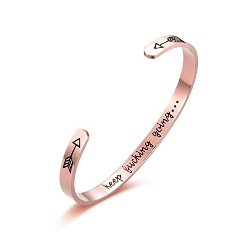 Inspirational Bracelet Cuff Bangle Mantra Quote Keep Going Stainless Steel Engraved Motivational Friend Encouragement Jewelry Gift for