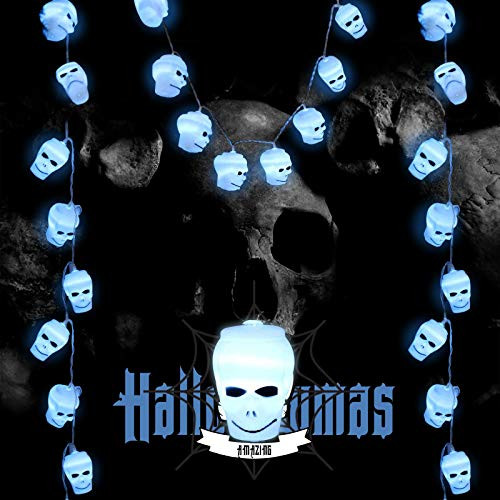 AURUZA Halloween Skulls Lights Outdoor  Battery Operated 14 8Ft 30 LED White Color Skeleton String Lights for Halloween Indoor and Outdoor Decoration  2 Modes Steady Flickering Lights