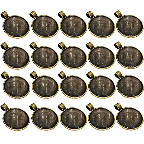 Miraclekoo 20 Set Antique Bronze Round Bezel Pendant Trays with Glass Dome Tiles Cabochon 25 mm Blanks Cameo Bezel Cabochon Settings