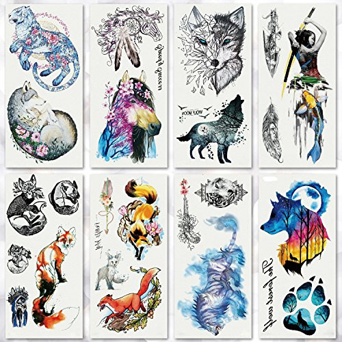 Leoars Waterproof Temporary Tattoo Forest Wolf Fox Tattoos Flash Tattoo Sticker for Kids Men Women Makeup Body Art Fake Tattoo  8 Sheet