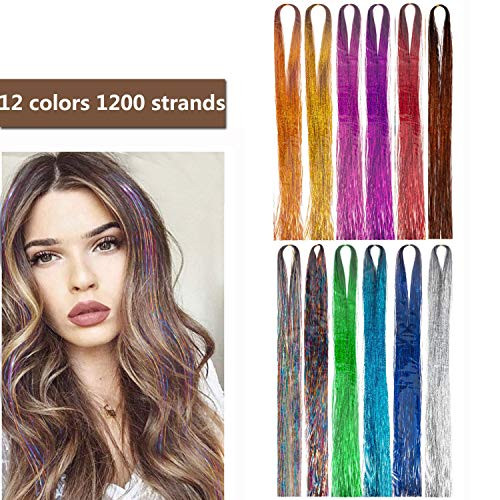 Hair Tinsel 1200 Strands  Sparkling   Shiny Hair Tinsel Extensions Colored Party Highlights Glitter Extensions Multi Colors Hair Streak Bling Hairpieces  12 Colors
