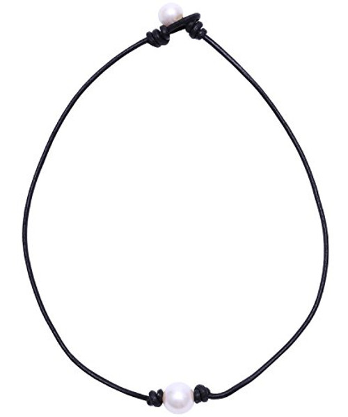 Aobei Pearl Single Cultured Freshwater Pearl Necklace Choker for Women Genuine Leather Jewelry Handmade  Black  16 inches
