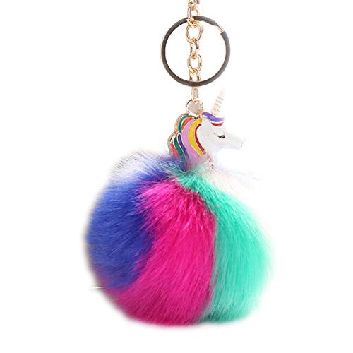 HXINFU Cute Pom Pom Fur Ball Unicorn Keychain Colorful Soft Fluffy Ball Bag Hanging Pendant