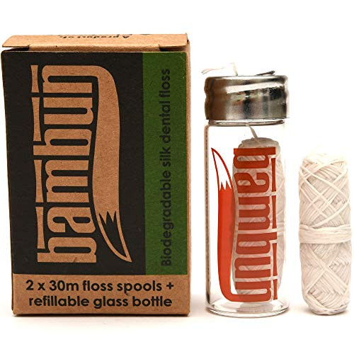 Eco friendly Biodegradable Natural Silk Dental Floss  Refillable Glass Bottle With Two 30m Floss Spools  Plastic Free Packaging