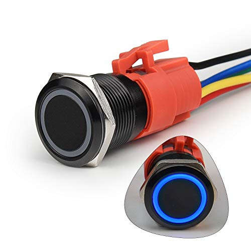 STARELO 19MM 3 4  Latching Push Button Switch 5A 12V 1NO1NC SPDT ON OFF Waterproof Aluminum Black Shell with LED Ring with Wire Socket Plug  Blue