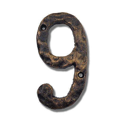 6 Inch House Numbers  Rustic Cast Iron Home Address Number  Featuring Unique Hammered Appearance with Uneven Antique Brass Finished  Number 9