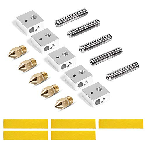 MK8 Extruder Nozzles Kit for 3D Printer 5 Pcs Aluminum Heater Block  5Pcs 1 75mm Extruder Throat Tube M6 Thread 5Pcs 0 4mm Brass Nozzle   Cotton Heater Tape for Makerbot MK7 MK8 Prusa i3 CR 10  MK8