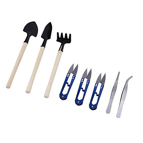 Amatted 8 Pcs Bonsai Tool Kit Mini Garden Hand Tool Set with Pruner  Mini Rake  Mini Spatule  Tweezer  Bud   Leaf Trimmer Set for Miniature Planting Gardening Tool