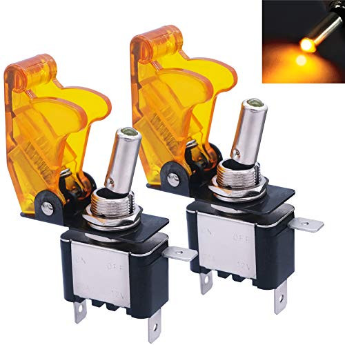 mxuteuk 2pcs Rocker Lighted Toggle Switch  12V 20A Yellow LED Light Up Toggle Switch Heavy Duty with Yellow Waterproof Cover SPST ON Off 3Pin for Car Truck Boat ASW 07D Y YMZ