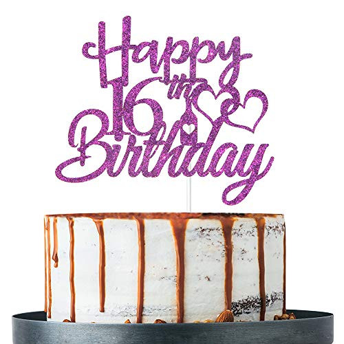 Purple Glitter Happy 16th Birthday Cake Topper  16th Birthday Decoration Supplies  Sixteen Years Old Cake Topper