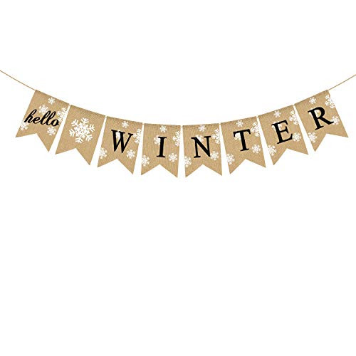 Jute Burlap Hello Winter Banner Snowflake Christmas Holiday Mantel Fireplace Bunting Garland Decoration