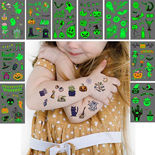 Luminous Halloween Temporary Tattoos for Kids?10 Sheet Temporary tattoo Stickers Spider Ghost Pumpkin Black Cat Decorations for Adult and Kids Gift  Halloween Fake Tattoos Glow Stickers for Dance Party Favors