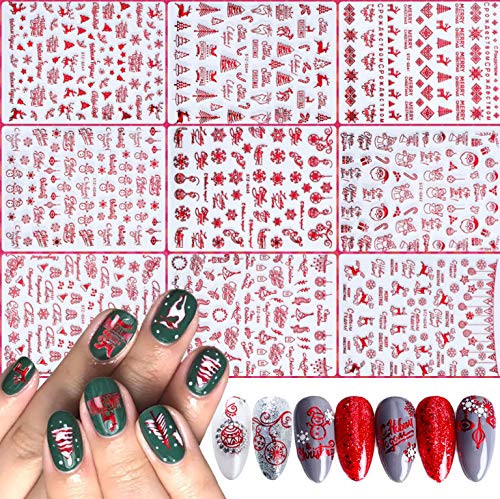 IDALL Christmas Holiday Nail Art Adhesive Stickers   9 Sheets 3D RED Laser Metallic Nail Decorations  Manicure DIY Nail Decals  Snowflakes Santa Claus Snowmen Elk Art Design Nail Decorations