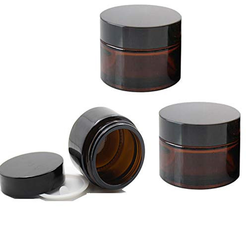 3Pcs 30ML 1OZ  Empty Refillable Amber Glass Cosmetic Jars Face Balm Storage Container Pot Bottle With Inner Liners and Black Lids for Lip Scrubs Oils Salves Creams Lotions Makeup Cosmetics