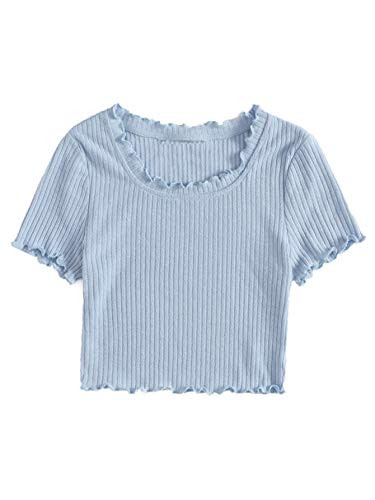 Romwe Women s Casual Rib Knit Tops Short Sleeve Lettuce Trim Crop Tee Shirts Baby Blue Medium