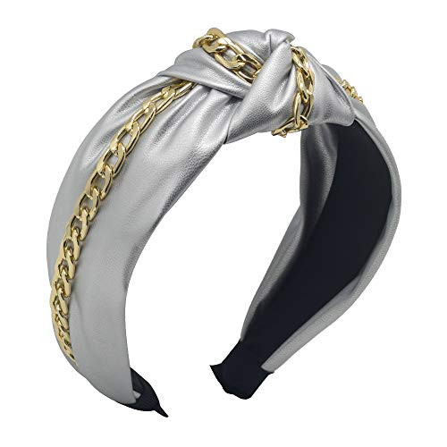 MHDGG Headbands for Women 1Pcs PU Chain Wide Headbands Knot Turban Headband Vintage Hairband Elastic Hair Hoops Fashion Hair Accessories for Women and Girls Silver