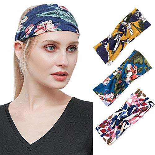 Victray Boho Flower Headband Elastic Criss Cross Turban Head Wrap Printed Wide Cotton Knotted Hairband Floral Non Slip Headbands for Women and Girls  Pack of 3