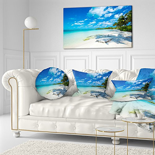 Design Art Tropical Beach with Palm Shadows Large Seashore Canvas Print, 40x20, Blue