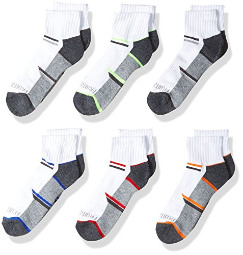 Fruit of the Loom Boys  6 Pair Half Cushion Ankle Socks  white assort  Large  Shoe Size  3 9