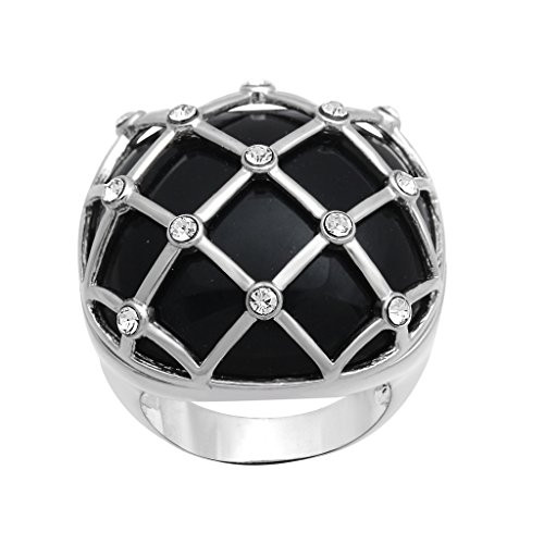 Jewelili Brass Black Onyx Cushion Cabochon and Flat Back with White Crystal Ring  Size 7