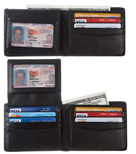 BSWolf Wallet for Men Genuine Leather RFID Blocking Bifold Wallet With 2 ID Window  Smooth Black