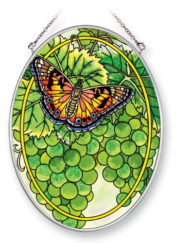 Amia Suncatcher Featuring a Butterfly and Sauvignon Grape Design  Hand Painted Glass  7 Inch by 5 1 4 Inch Oval