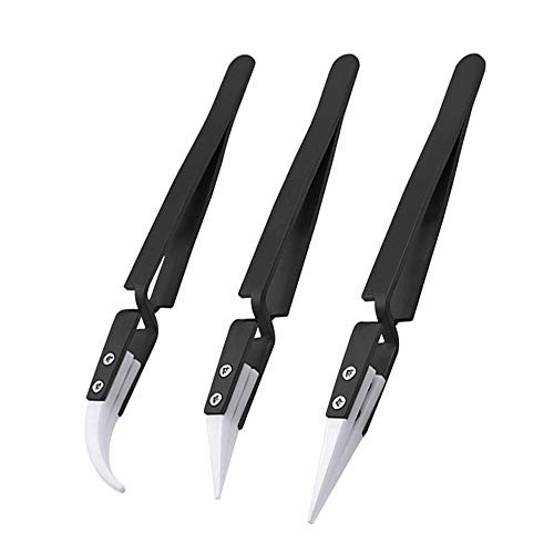 3Pcs Precision Ceramic Reverse Tweezers Anti Static Ceramic Tweezers Stainless Steel Tweezers Cross Lock Electronics Industrial Heat resistant Straight Curved Tip Tweezers Soldering Tool Muye