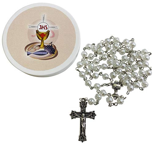 Girls First Holy Communion Rosary Set White Bead Rosary in a Plastic Case Girls First Holy Communion Rosary Set White Bead Rosary in a Plastic Case