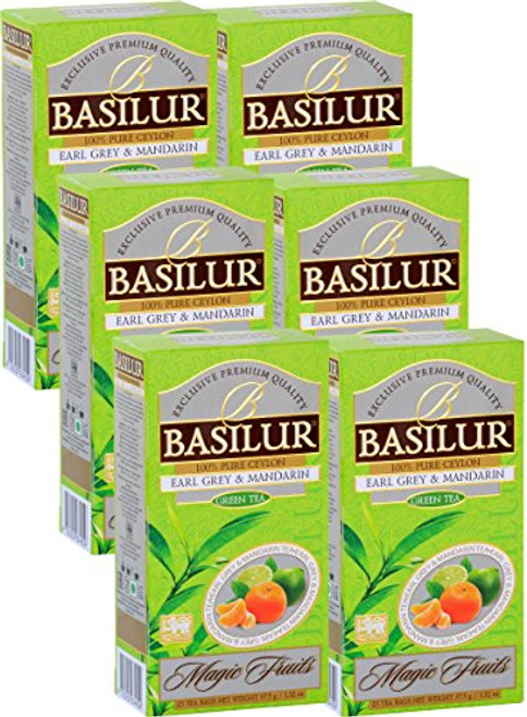 Basilur | Earl Grey & Mandarin Green Tea | Single Origin Pure Ceylon Green Tea | Garden Fresh & Antioxidant Rich | 25 Ct String & Tag Teabags | Pack of 6