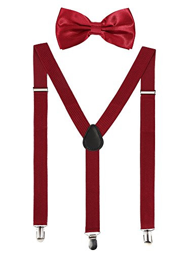 Suspender Bow Tie Set Clip On Y Shape Adjustable Braces  80s Costume Suspenders Shoulder Straps for Halloween Cosplay Party  Wine colored