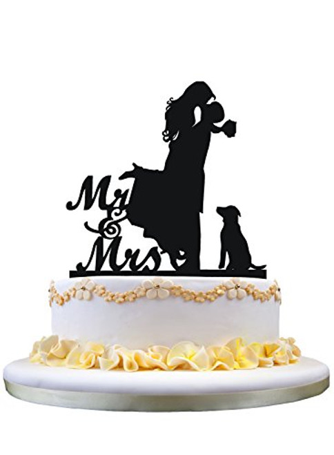 Cake Topper with Dog Pet ,Mr & Mrs Bride and Groom Silhouette funny wedding cake topper