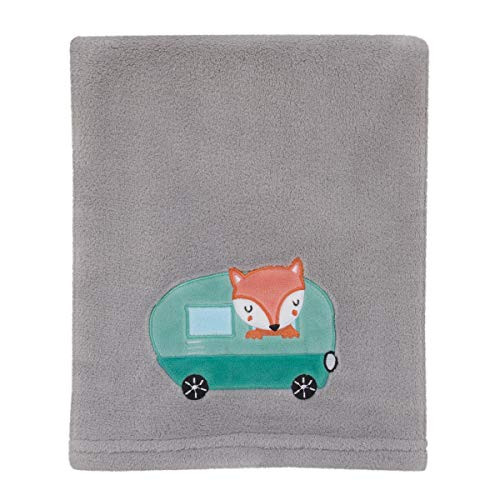 NoJo Super Soft Baby Blanket  Retro Happy Camper with Fox Applique  Grey Aqua Orange