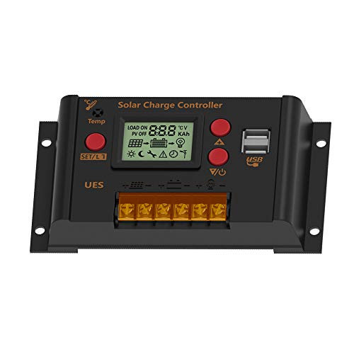 UEIUA Solar Charge Controller  12V 24V 20A PWM Solar Charge Controller Auto Switch LCD Display Solar Panel Regulator with Dual USB Load Timer Setting ON Off Hours