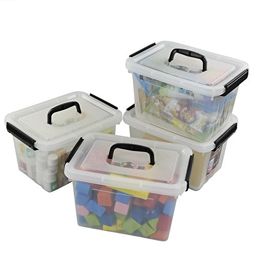 Ggbin 7 Quart Clear Latch Storage Box with Black Handle and Latches - 4 Pack