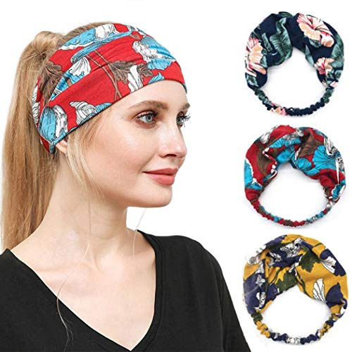 Victray Boho Turban Knotted Headband Flower Elastic Wide Head Wrap Printed Hairband Fashion Headpieces Hair Accessories for Women and Girls  Pack of 3