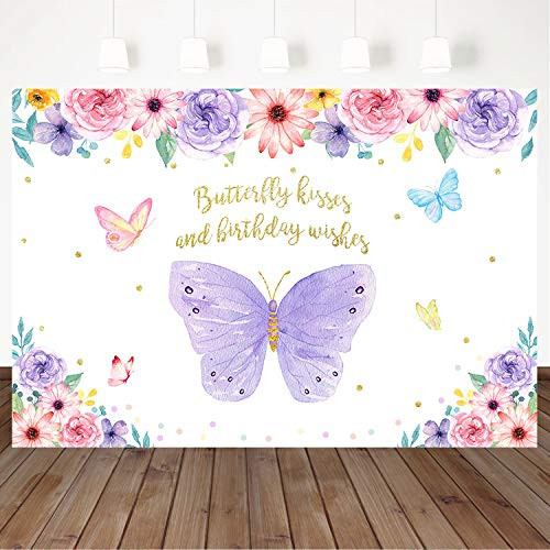Mocsicka Butterfly Kisses Birthday Wishes Backdrop Purple Flowers Butterfly Birthday Party Decorations 5X3ft Vinyl Butterflies Girl Birthday Party Banner Photography Background