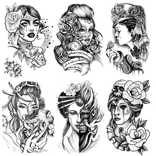 Oottati 6 Sheets Black Women Lady Flower Mechanical Beauty Snake Japan Prajna Skull Lotus Temporary Tattoos Oottati 6 Sheets Black Women Lady Flower Mechanical Beauty Snake Japan Prajna Skull Lotus Temporary Tattoos