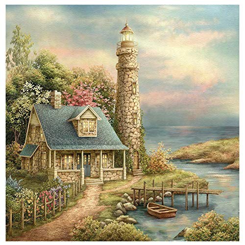 HUANSUNWO DIY 5D Diamond Painting by Number Kits  Full Drill Crystal Rhinestone Embroidery Pictures for Home Wall Decor Gift 12x16 inch   Lighthouse   Villa by Seaside