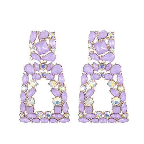 WPY Purple Jewel Rhinestone Rectangle Geometric Drop Dangle Statement Fashion Earrings