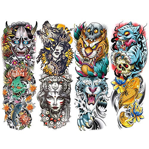 Oottati 4 Sheets Colorful Full Arm Prajna Koi Lotus Wolf Women Tiger Flower Skull Temporary Tattoos Oottati 4 Sheets Colorful Full Arm Prajna Koi Lotus Wolf Women Tiger Flower Skull Temporary Tattoos